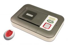 Image is of a Tunstall base unit and wearable pendant alarm
